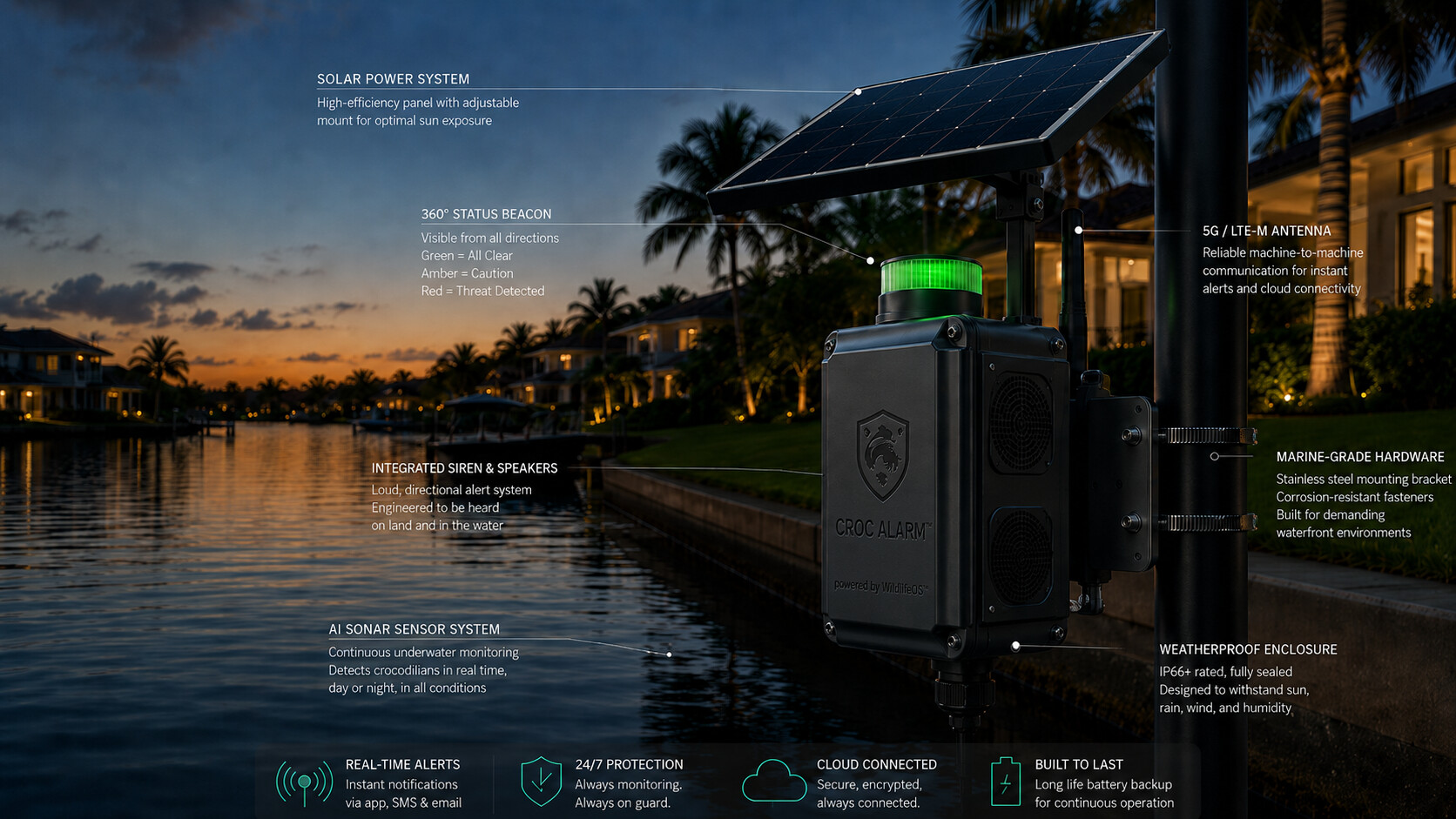 CrocAlarm edge-mounted sonar node concept rendering, annotated